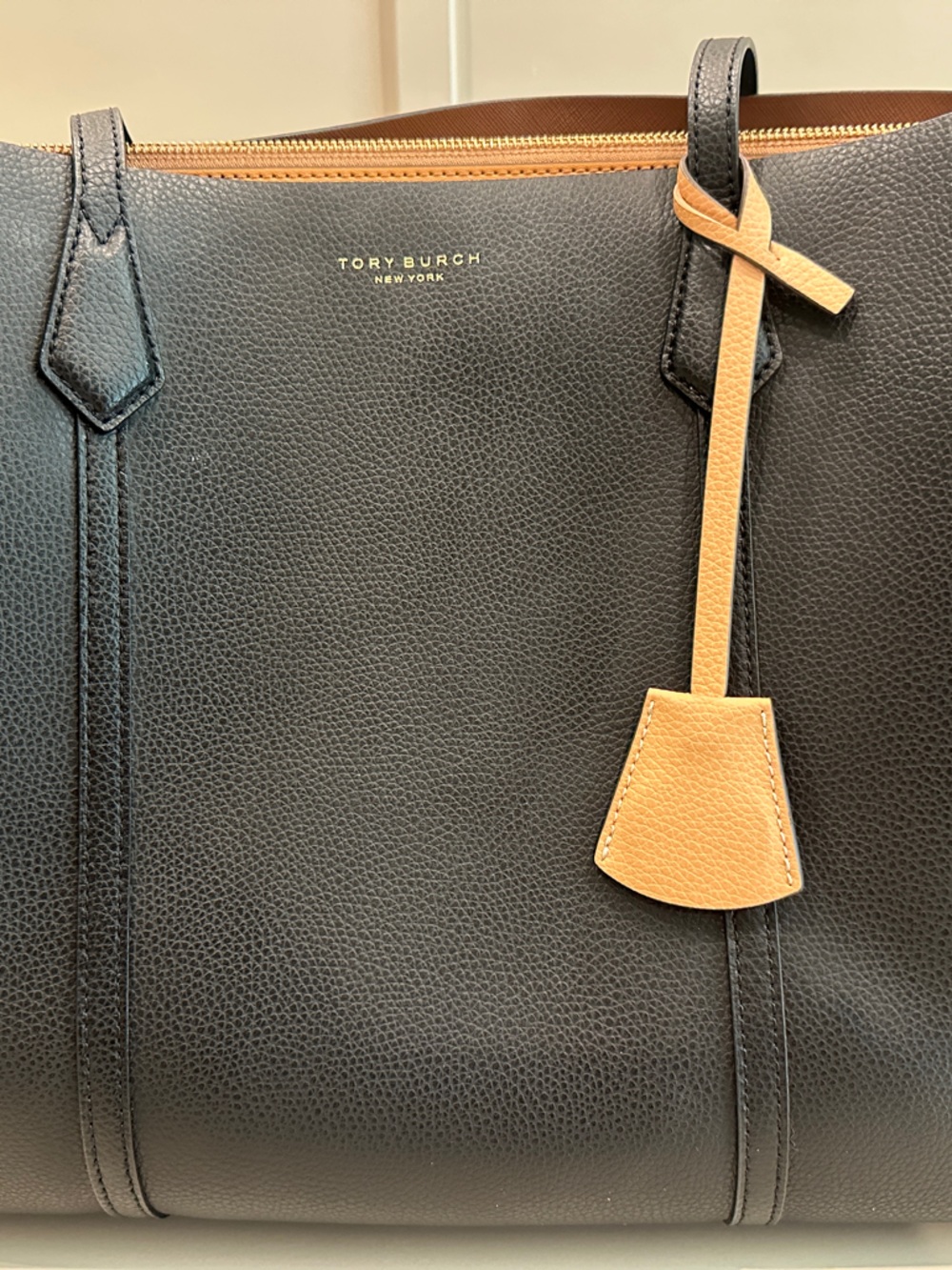 Tory Burch Black Leather Tote with Tan Tag Accent
